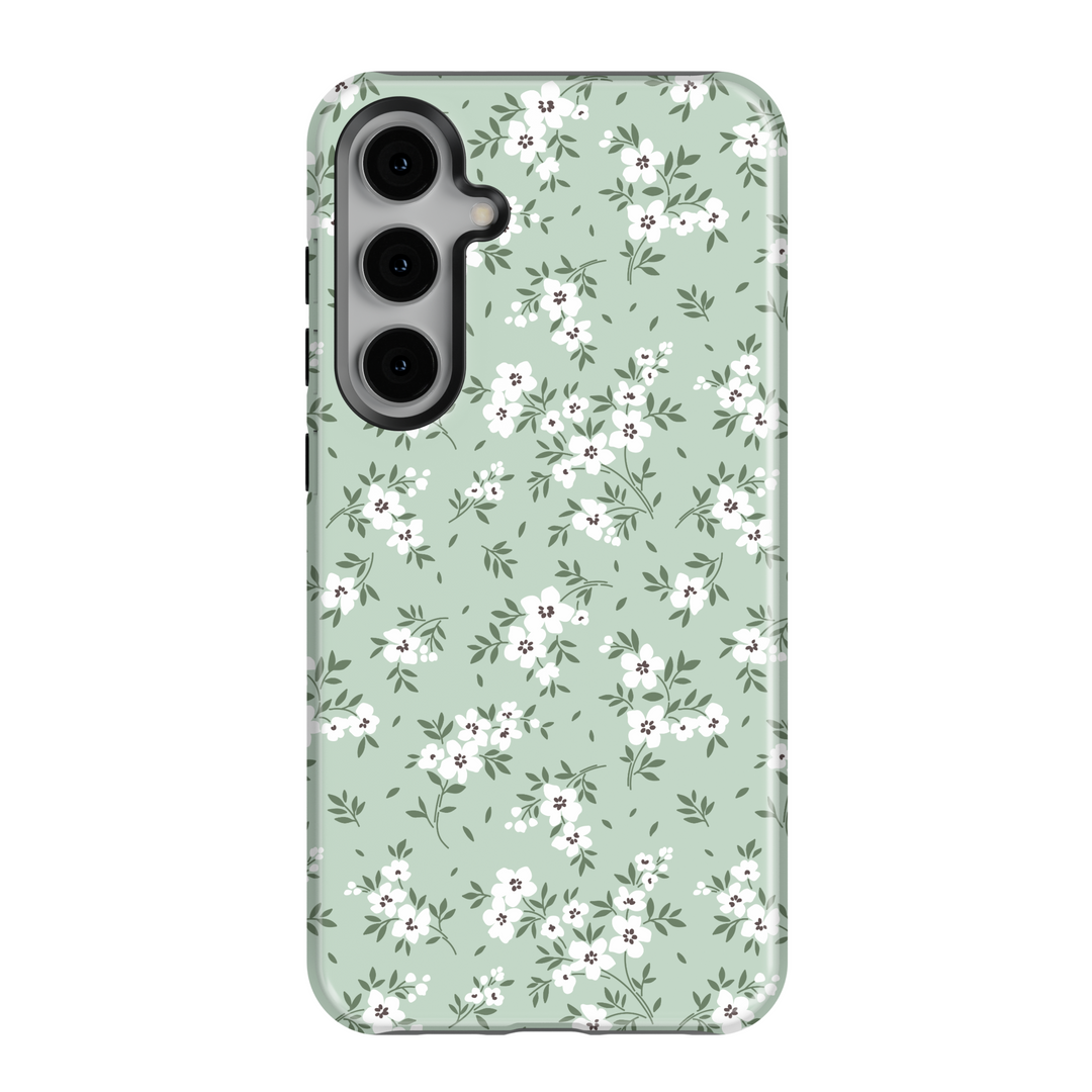 Galaxy phone case with sage green background and white floral pattern – minimalist and botanical design