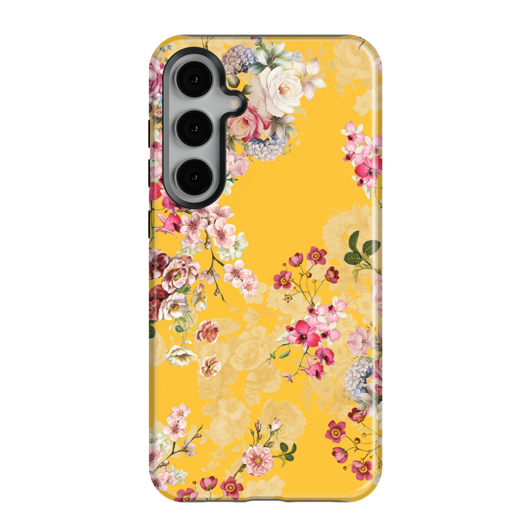 Mustard yellow Samsung Galaxy phone case with colorful vintage floral design – girly protective phone cover