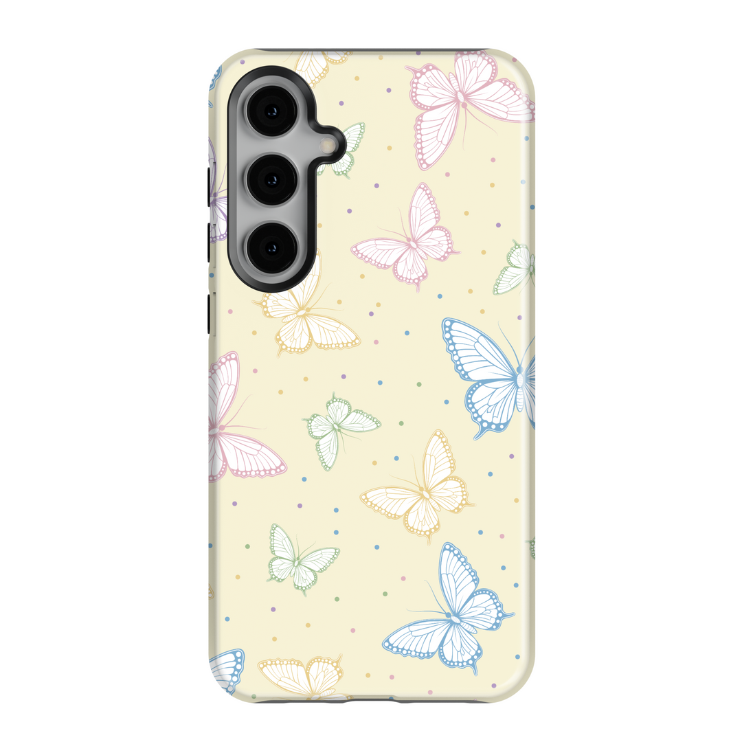 Galaxy phone case with pastel butterfly design and cream background – whimsical and cute feminine aesthetic
