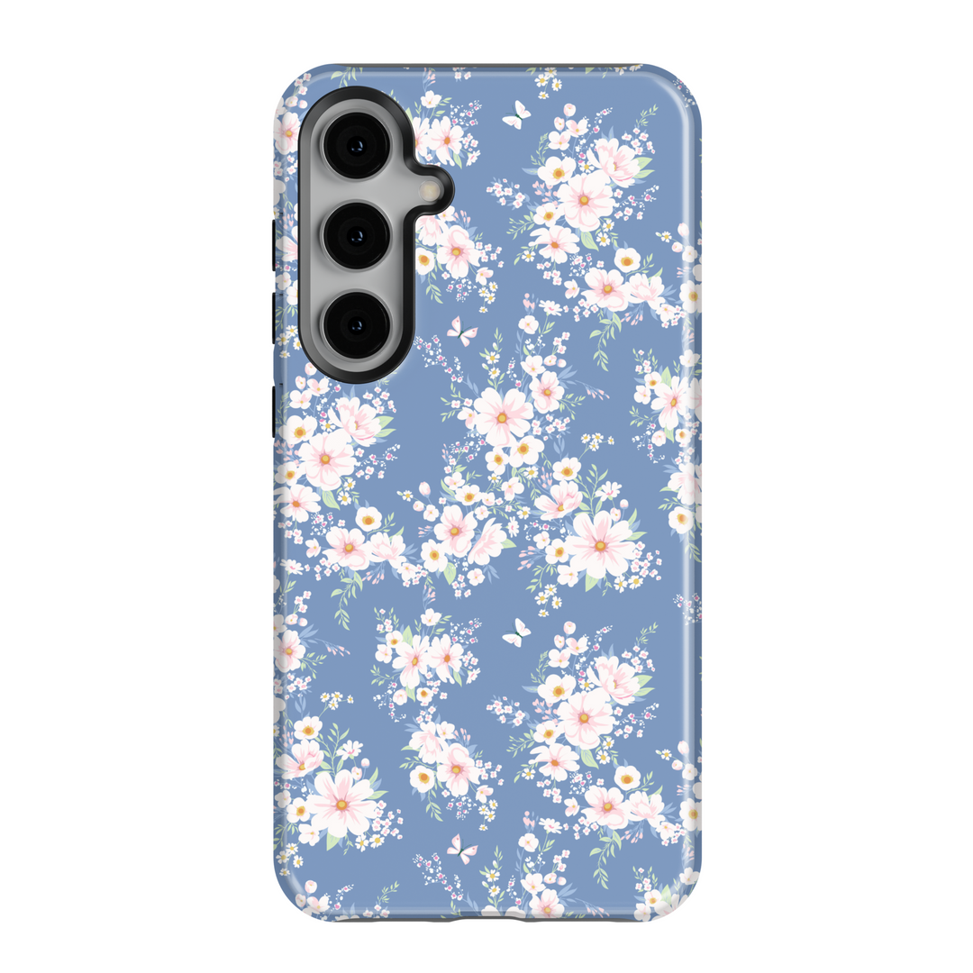 Dusty blue Samsung Galaxy phone case with light pink floral clusters – elegant feminine cover for spring vibes