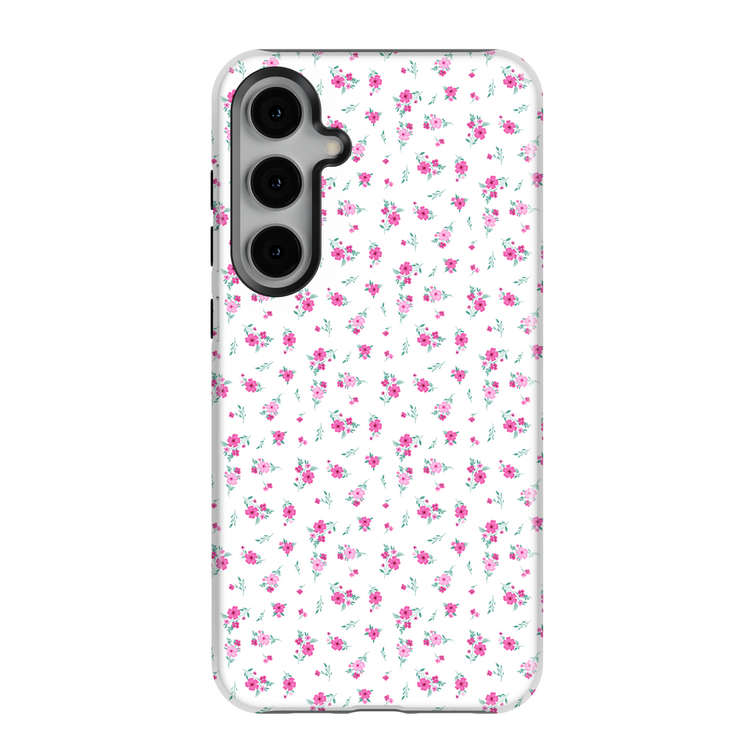 White Samsung Galaxy case with pink floral pattern – minimal feminine protective phone cover for women