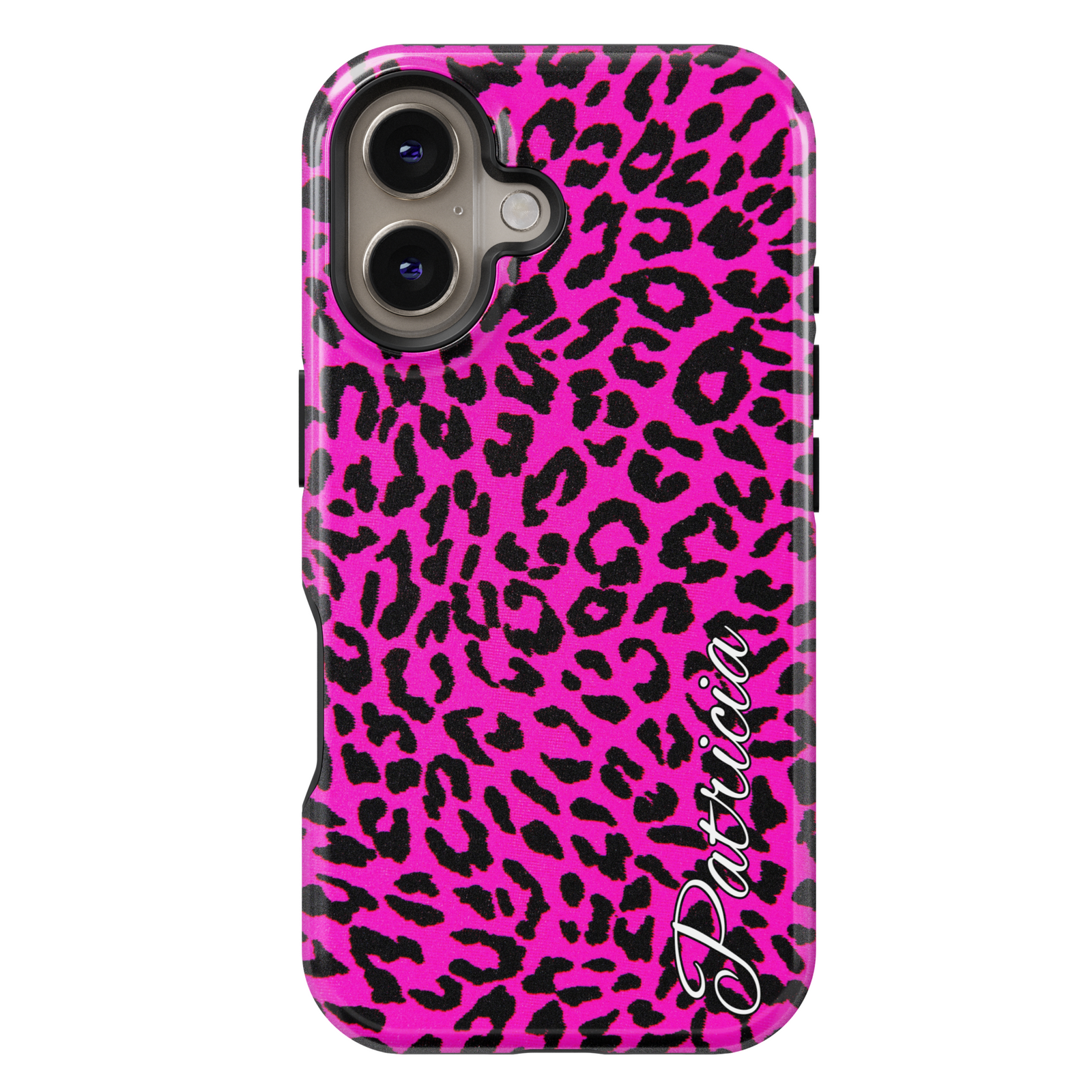 Hot pink leopard print iPhone 16 MagSafe case with personalized name Patricia – Pink Savage