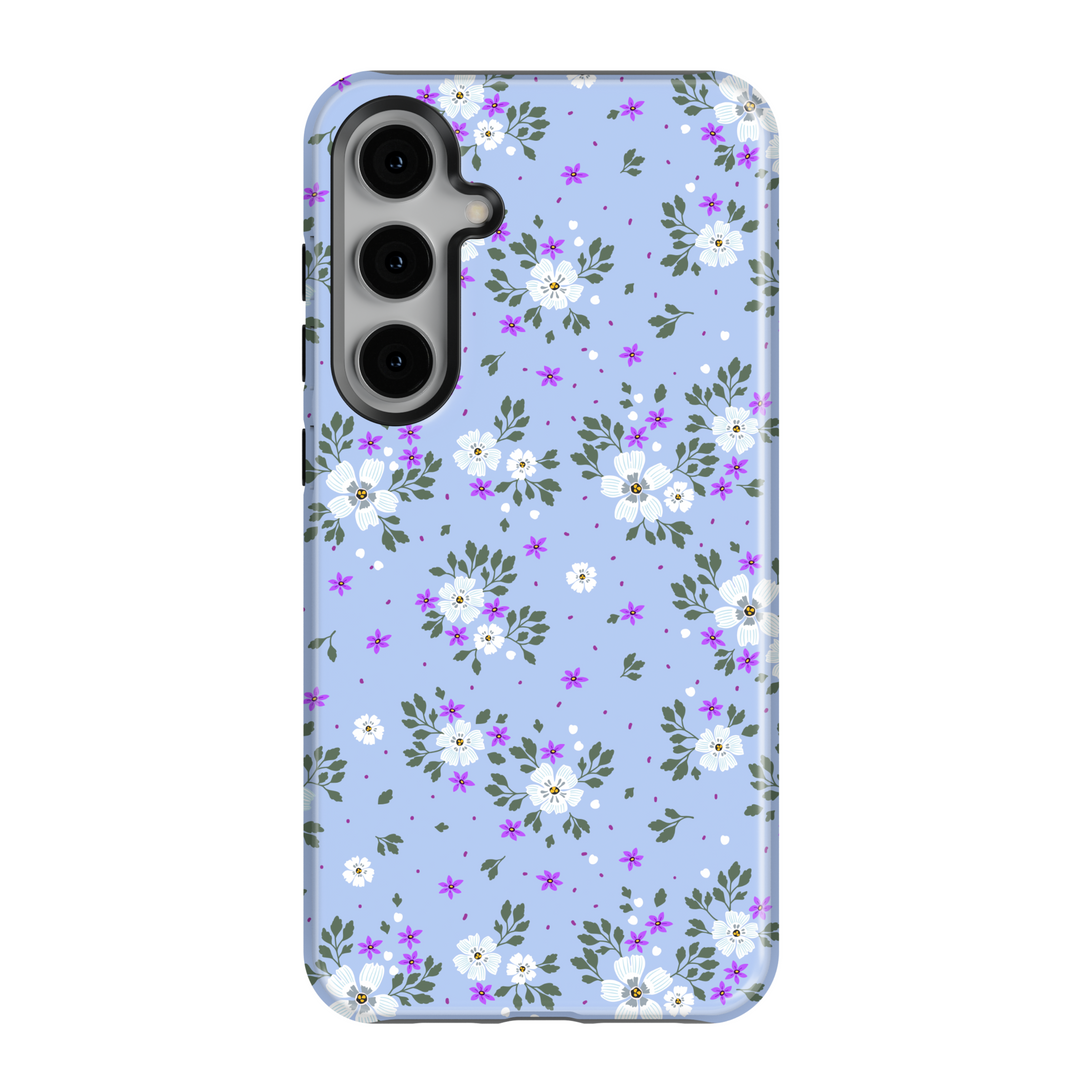 Galaxy phone case with white and purple floral pattern on light periwinkle blue background