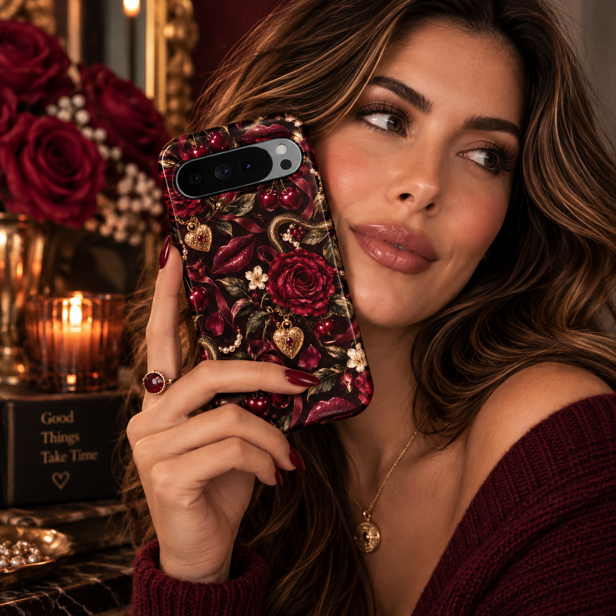 Forbidden Cherry Google Pixel case featuring dark red cherries, burgundy roses, wine-red lips, serpents, pearls, velvet bows and antique gold heart lockets on a black background.