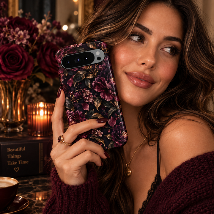 Burgundy Nocturne Google Pixel case featuring deep burgundy and wine flowers, dusty mauve blossoms, dark leaves and antique gold botanical accents on a black background.