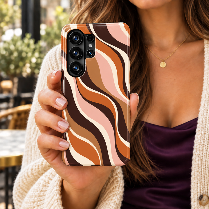 Caramel Swirl Samsung Galaxy case with flowing retro stripes in chocolate brown, burnt orange, caramel, blush pink and cream.