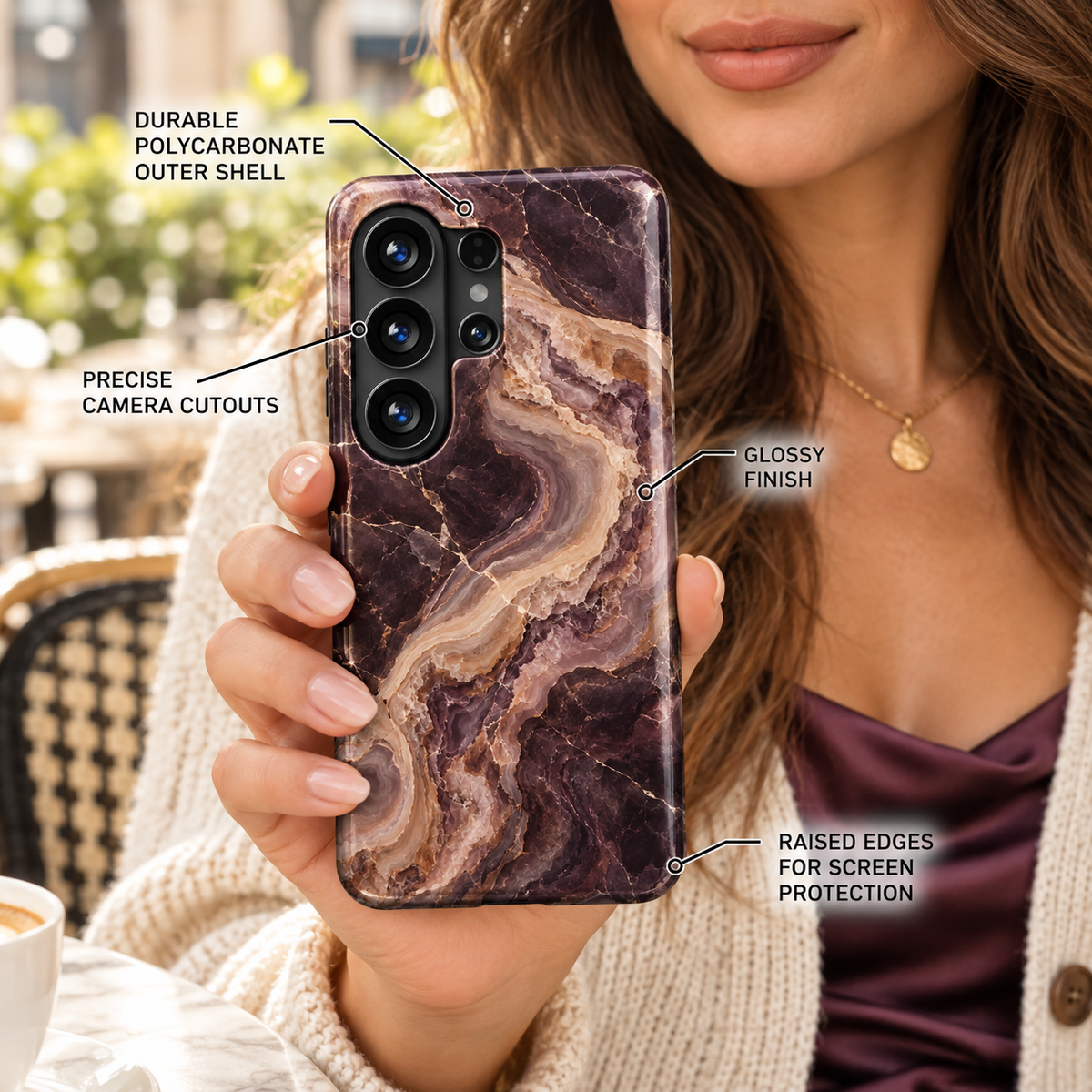 Espresso Agate Samsung Galaxy case featuring dark plum and brown marble with winding cream, caramel, and mauve agate bands in a glossy finish.