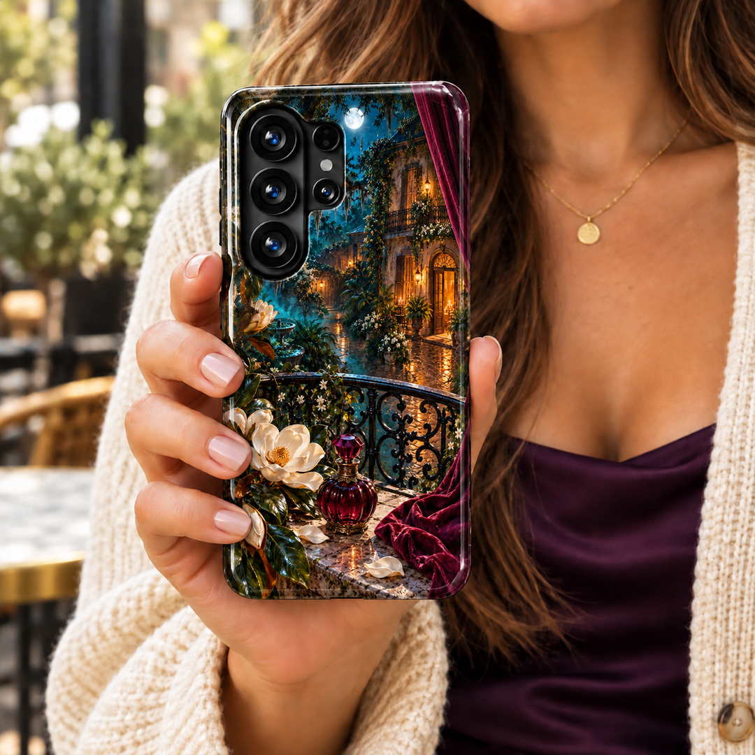 Bayou Nocturne Samsung Galaxy case featuring a moonlit courtyard, wrought-iron balconies, white magnolias, a ruby perfume bottle and burgundy velvet.