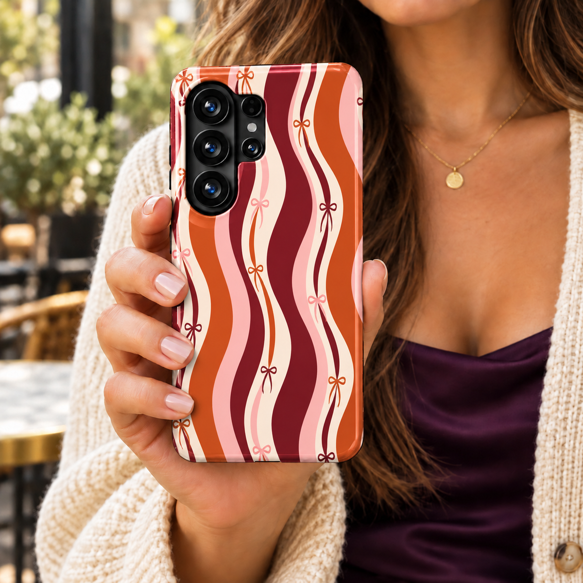 Maple Ribbon Samsung Galaxy case featuring burnt orange, burgundy, blush pink and cream wavy stripes with small ribbon bows.