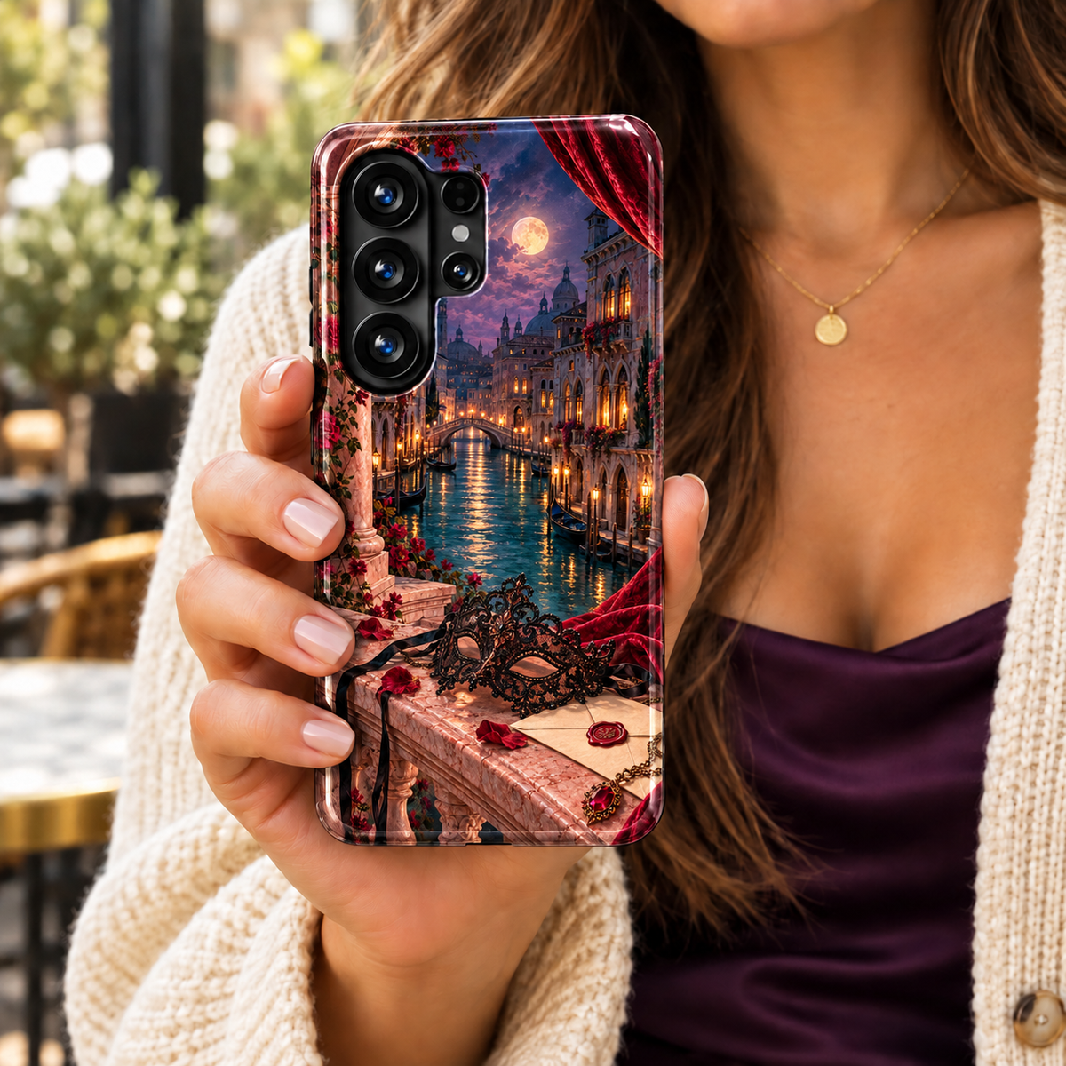 CASELIX Velvet Hour Samsung Galaxy case featuring a moonlit Venice canal, crimson curtains, black masquerade mask and wax-sealed letter.