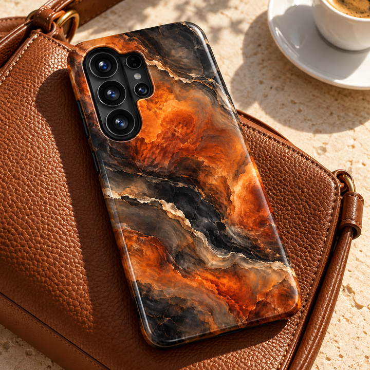 CASELIX Pumpkin Obsidian Samsung Galaxy case with glossy amber orange and charcoal black marble swirls, smoky brown accents and cream veining.