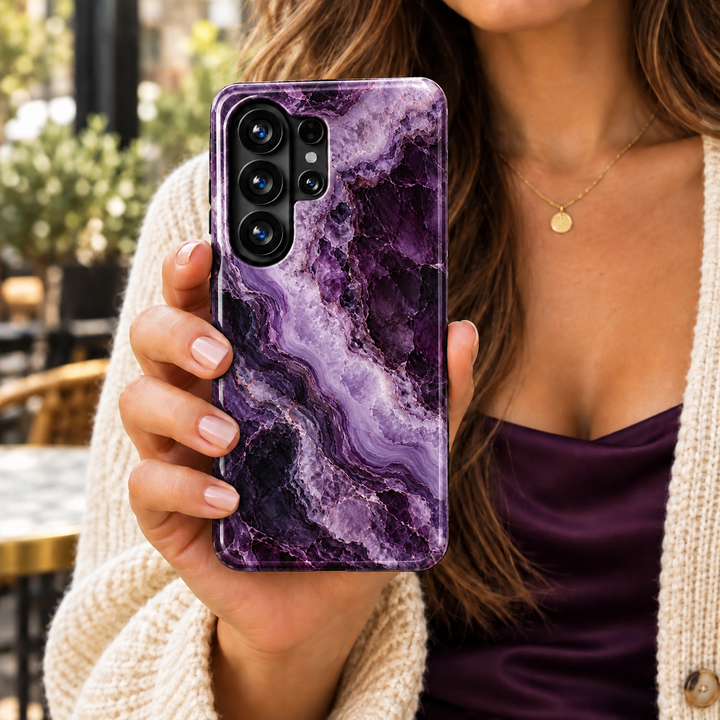Amethyst Noir Samsung Galaxy case featuring deep purple and black marble with flowing lavender agate bands and crystalline stone details.