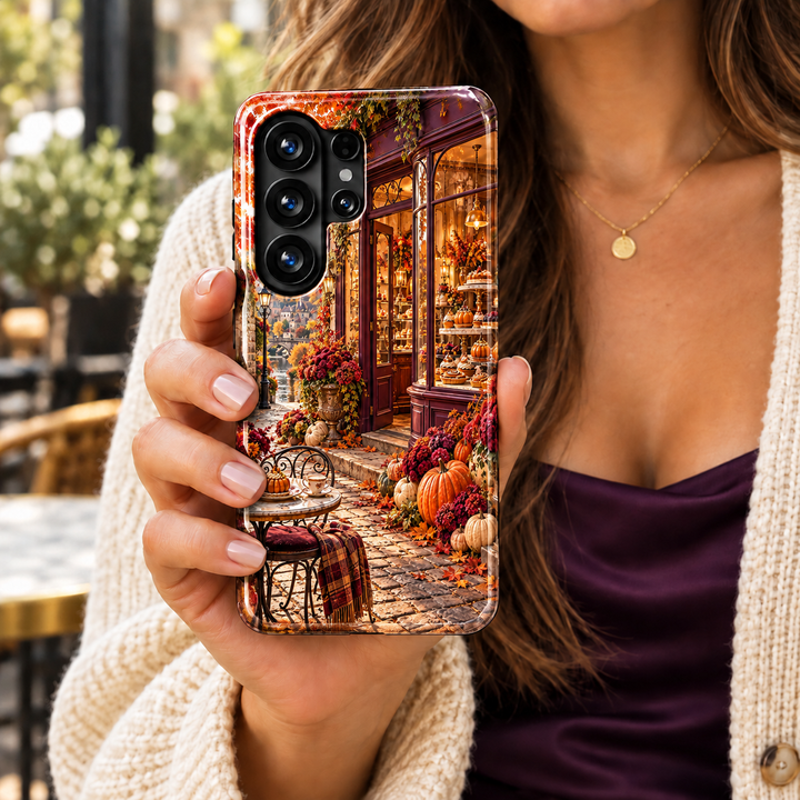 The Pumpkin Patisserie Samsung Galaxy case featuring a glowing pastry shop, orange and cream pumpkins, burgundy flowers and a cobblestone café terrace.