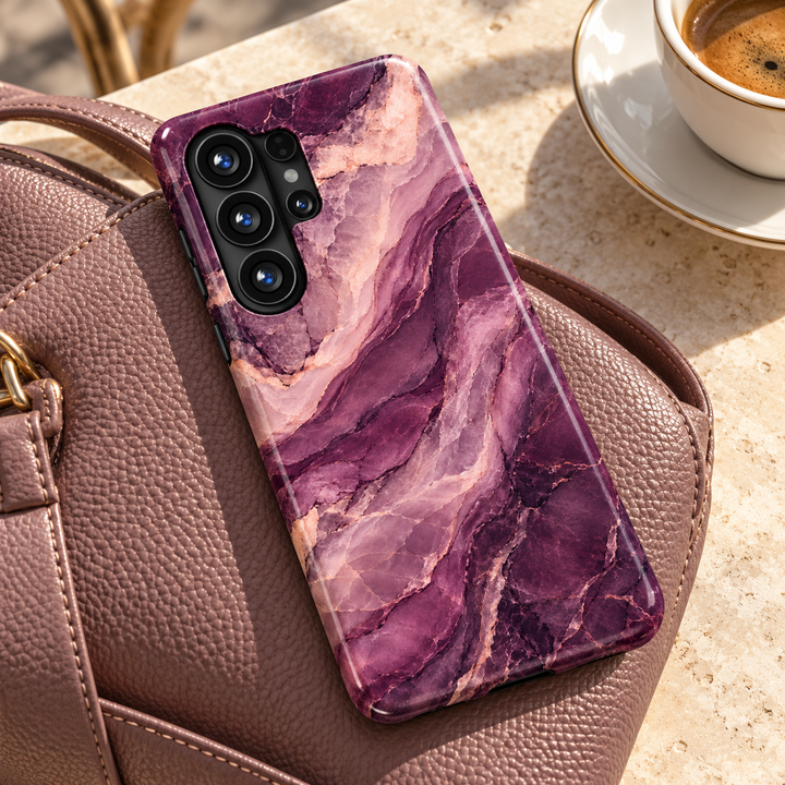 CASELIX Plum Mirage Samsung Galaxy case with glossy plum purple, mauve and blush pink marble bands and delicate peach-colored veining.