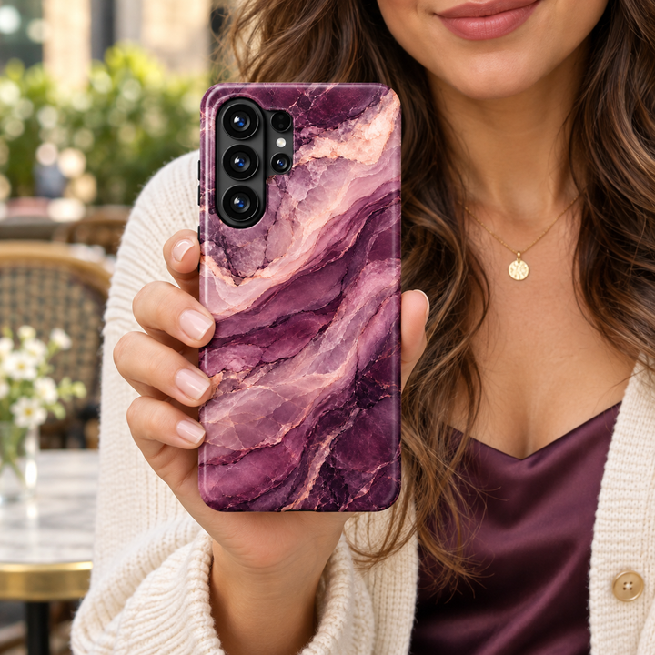CASELIX Plum Mirage Samsung Galaxy case with glossy plum purple, mauve and blush pink marble bands and delicate peach-colored veining.