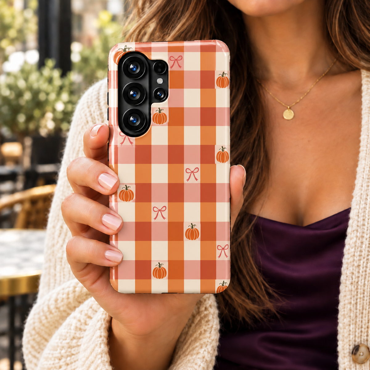 Pumpkin Gingham Samsung Galaxy case featuring orange, blush pink and cream checks with small orange pumpkins and rose-colored ribbon bows.
