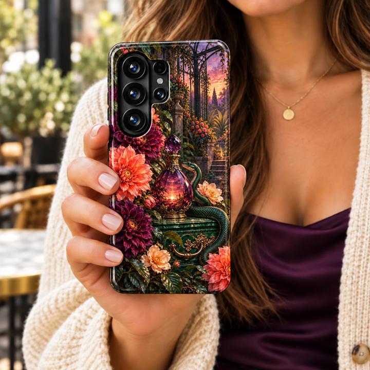 CASELIX Poison &amp; Petals Samsung Galaxy case featuring coral and plum dahlias, an emerald snake and an ornate purple potion bottle in a conservatory.
