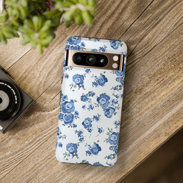 Vintage blue rose floral phone case for Google Pixel with delicate flower pattern on white background

