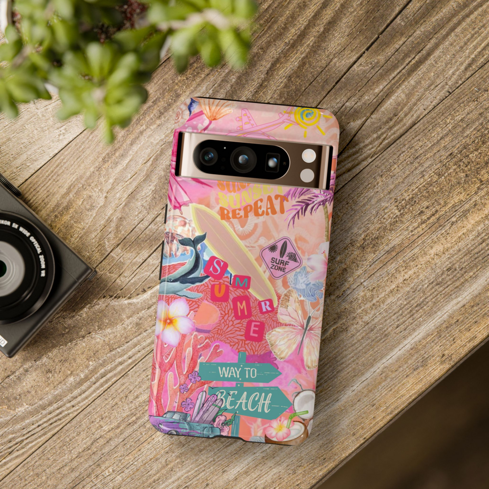 Colorful summer collage phone case with surfboards, flowers, palm trees, ocean coral, butterflies, and "Way to Beach" signage – protective case for Pixel 8, 8 Pro, 9 Pro XL