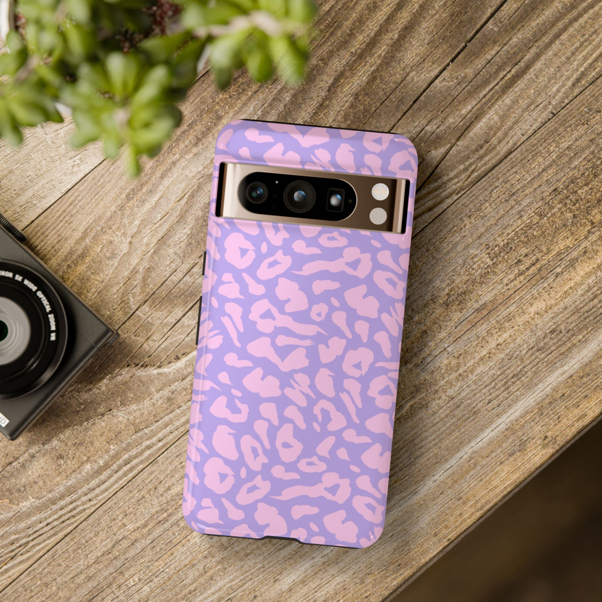 Girly Google Pixel case with purple and pink leopard print pattern – fun animal print design

