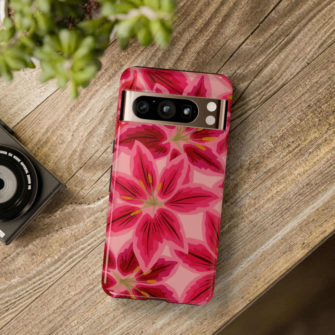 Google Pixel case with oversized pink and red lily flower pattern on a soft pink background

