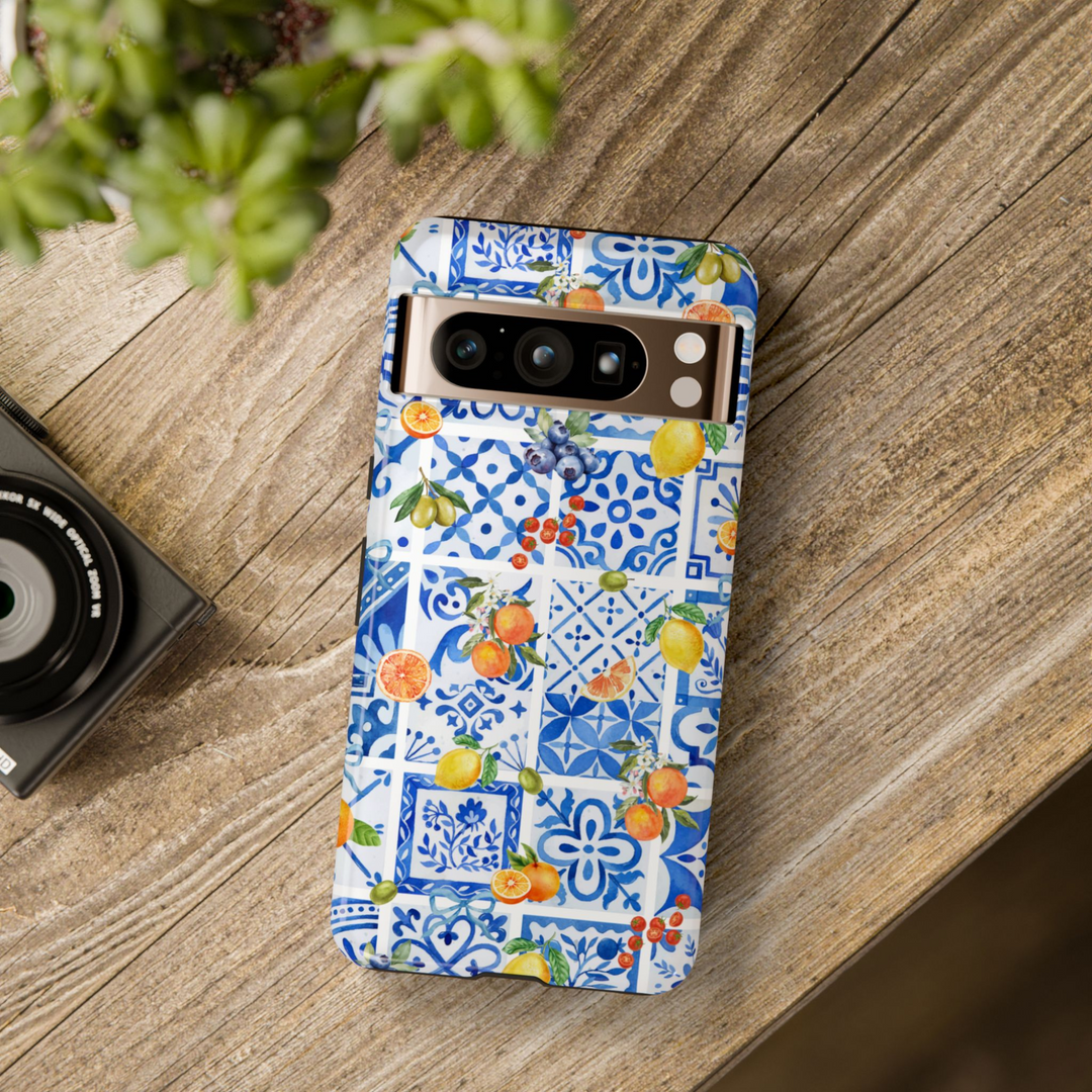 Google Pixel case with blue Mediterranean tile pattern and citrus fruits including lemons and oranges