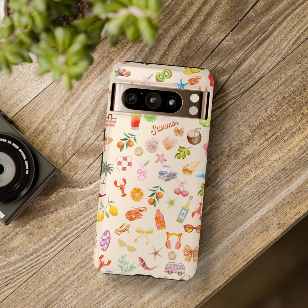 Summer-themed Google Pixel case with tropical icons, fruits, drinks, shells, and cherries on cream background