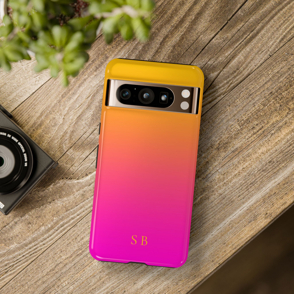 custom initials phone case, gradient ombre Pixel 8 Pro cover, pink orange Google Pixel case, monogrammed Pixel 9 Pro XL case, personalized tough case for Google Pixel, bold colorful phone case with name, sunset gradient Pixel cover, vibrant monogram Google Pixel 9 cas
