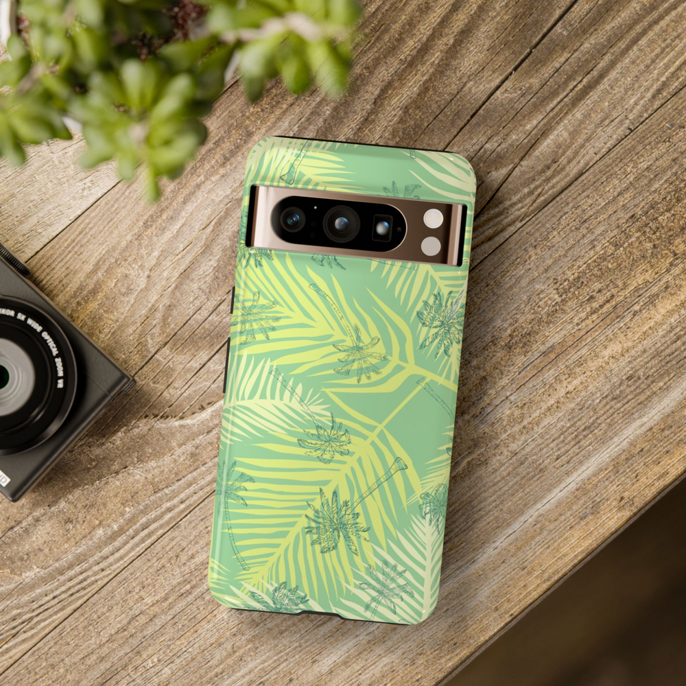 Tropical green palm leaf pattern phone case for Google Pixel with island vibes, durable glossy finish, and summer-ready design
