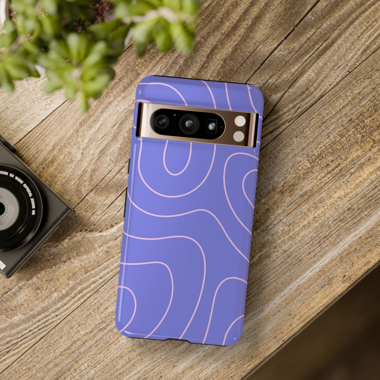 Purple Google Pixel case with soft pink wavy contour lines – abstract modern minimal design