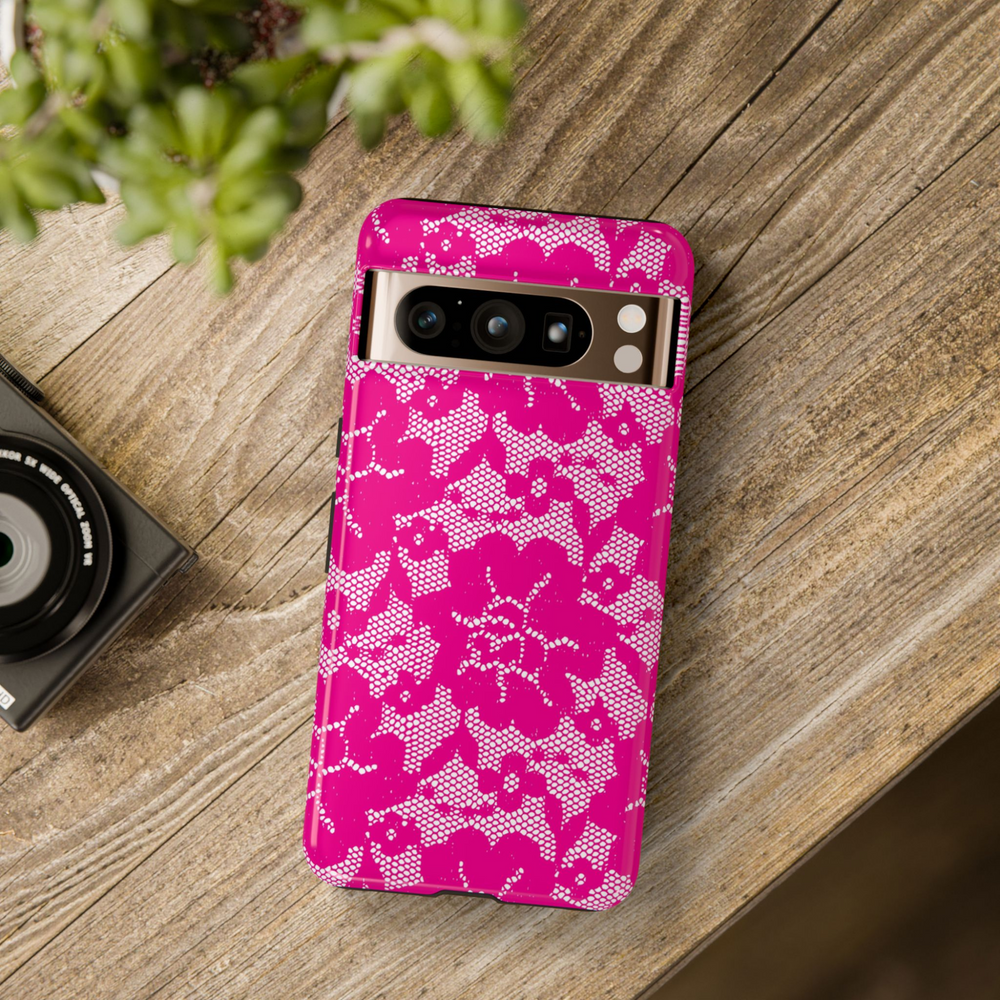 Google Pixel case in hot pink with white lace floral pattern – bold and feminine design

