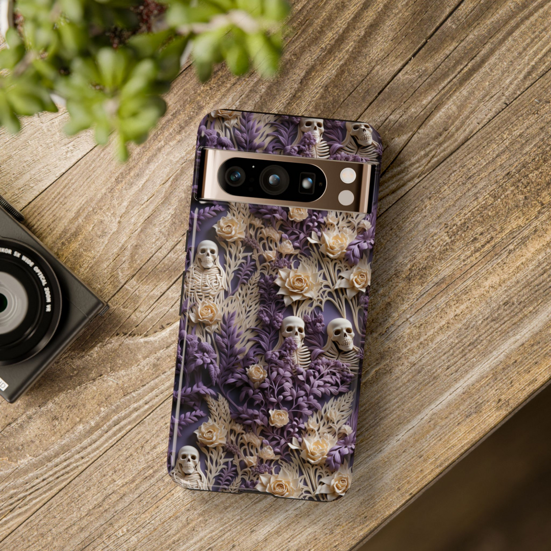 Google Pixel 9 Pro case with skeletons and ivory roses surrounded by purple floral details on a gothic background