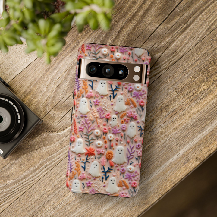 Cute Ghost and Pastel Flower Google Pixel 9 Pro Case with Pink and Orange Floral Pattern

