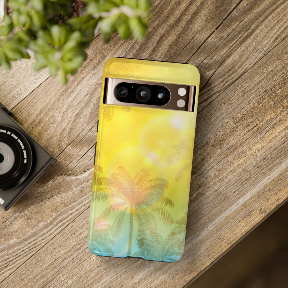 Google Pixel 8 Pro beach case, Pixel 9 Pro XL tropical phone case, palm tree sunset case for Pixel, tropical glow aesthetic case, yellow gradient phone cover, summer palm Pixel case, sunset aesthetic tough phone case, golden hour phone case Google Pixel