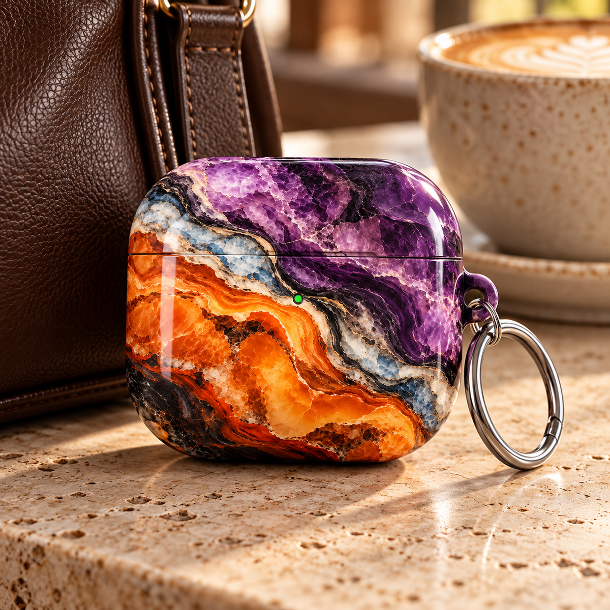 Amethyst Ember AirPods Case featuring vivid amethyst purple, glowing amber orange, icy blue, ivory and smoky black agate-inspired crystal layers with a silver carabiner.