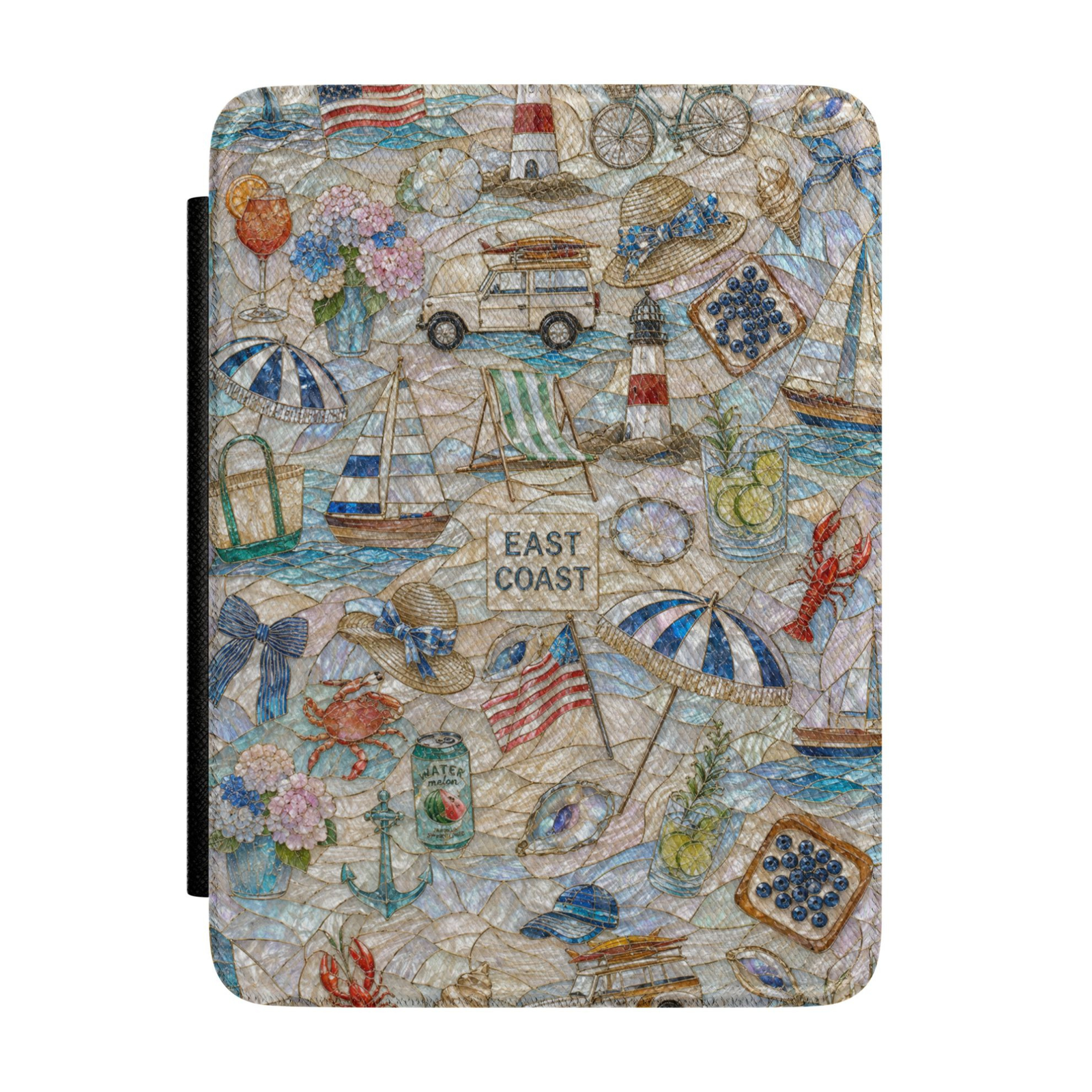 East Coast themed Kindle case featuring sailboats, lighthouses, hydrangeas, beach umbrellas, blueberries, seashells, and coastal summer icons in a pearl-inspired design.