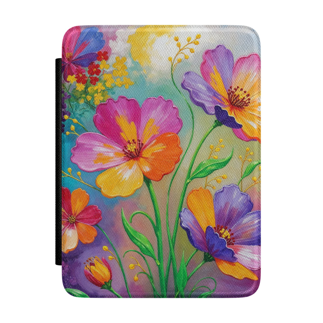 Colorful floral Kindle case featuring large watercolor-style wildflowers in pink, purple, orange and yellow with green leaves and a dreamy multicolor background.