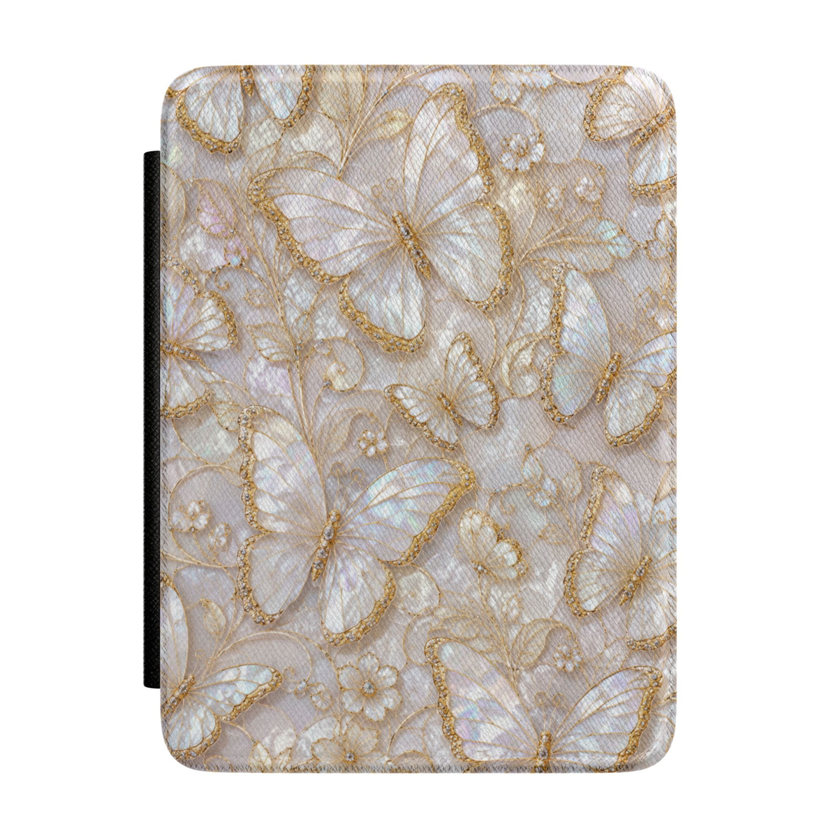 Elegant pearl butterfly Kindle case featuring iridescent butterflies, delicate floral accents, and shimmering gold details on a premium faux leather cover.
