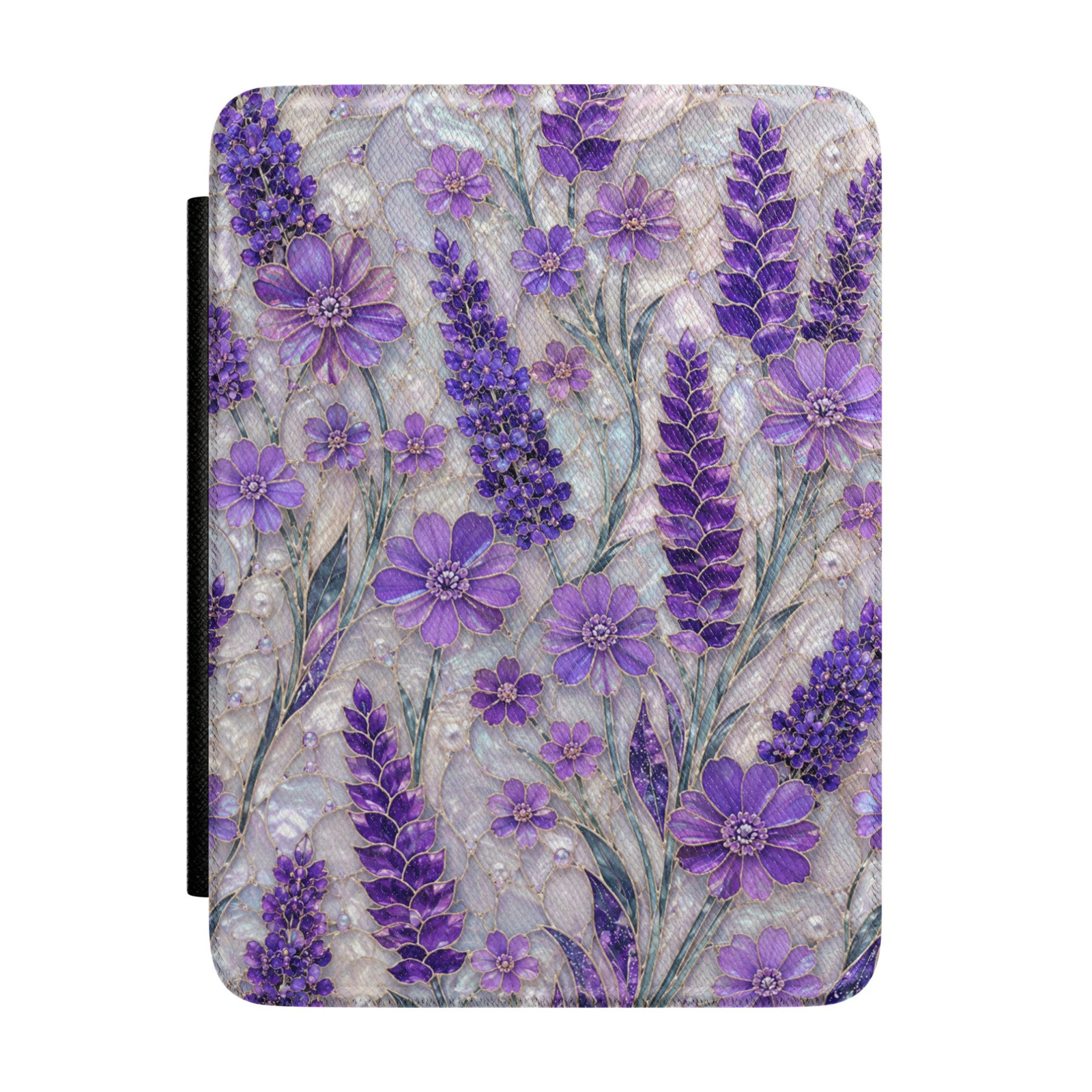 Purple floral Kindle case featuring lavender blooms, wildflowers, pearl accents, and botanical details on a premium faux leather cover.
