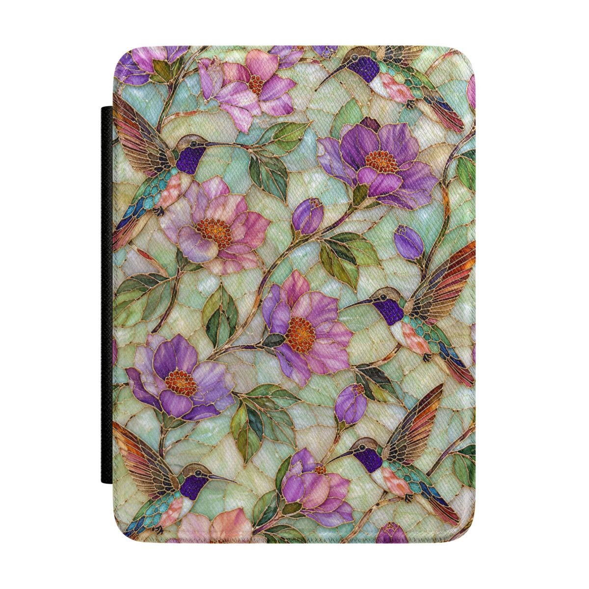 Hummingbird Kindle case featuring colorful hummingbirds, purple flowers, botanical vines, and a soft pastel background on a premium faux leather cover.
