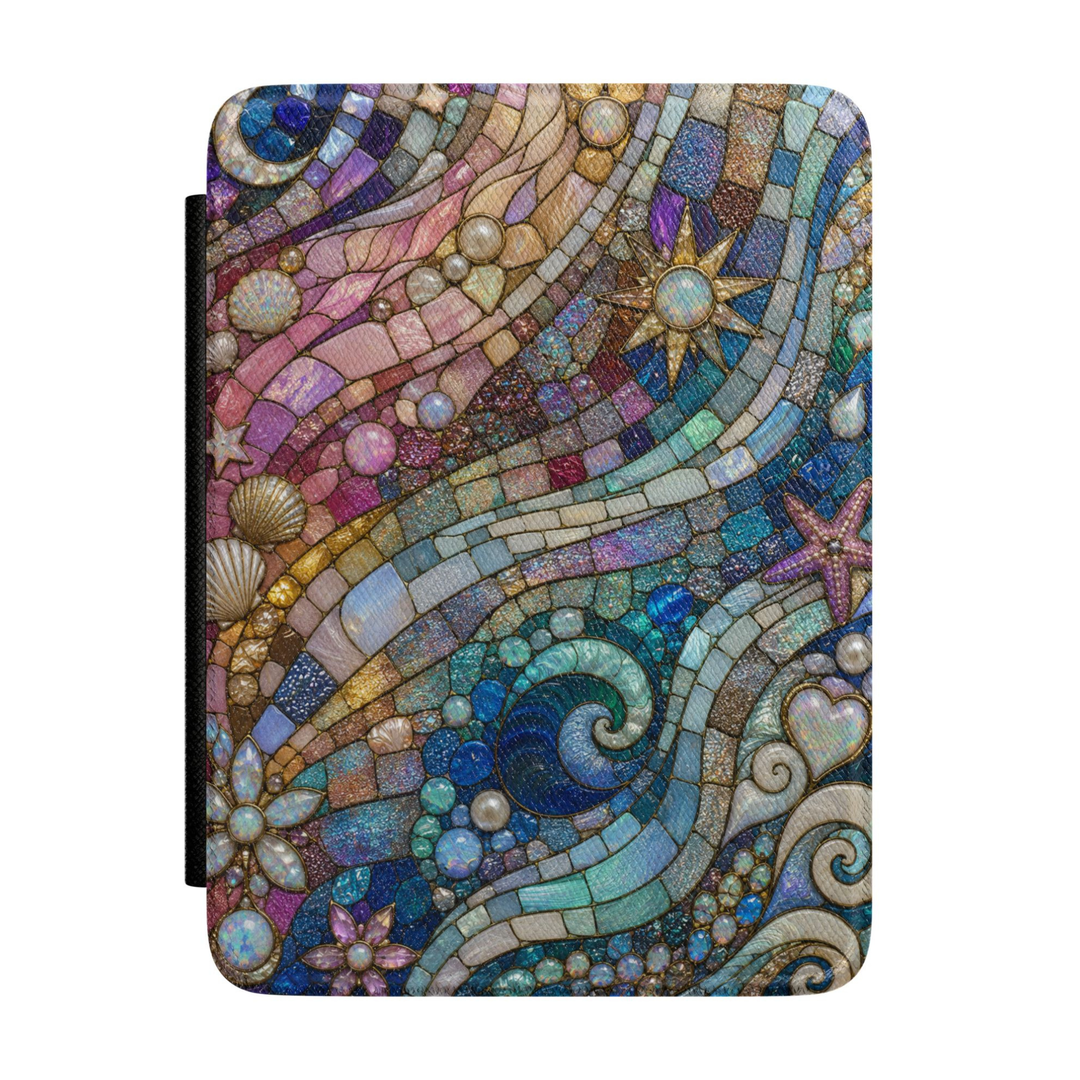 Opal ocean mosaic Kindle case featuring pearlescent blue waves, seashells, starfish, pearls and iridescent jewel details in aqua, pink and lavender tones.