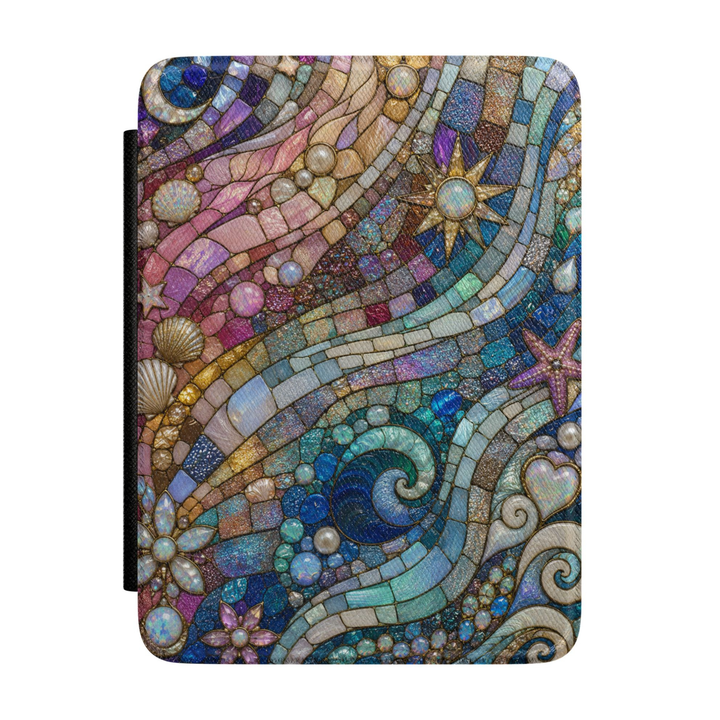 Opal ocean mosaic Kindle case featuring pearlescent blue waves, seashells, starfish, pearls and iridescent jewel details in aqua, pink and lavender tones.