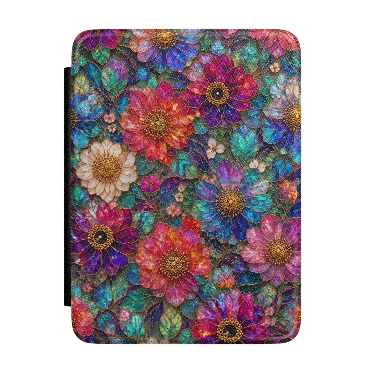 Colorful floral Kindle case featuring vibrant pink, purple, blue, and turquoise flowers with gold accents and stained-glass-inspired details on a premium faux leather cover.