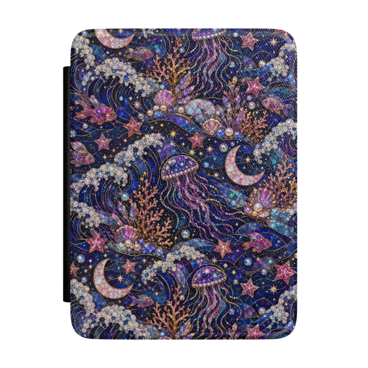 Celestial ocean Kindle case featuring jellyfish, moon crescents, starfish, pearls, coral reefs, and sparkling underwater details on a premium faux leather cover.