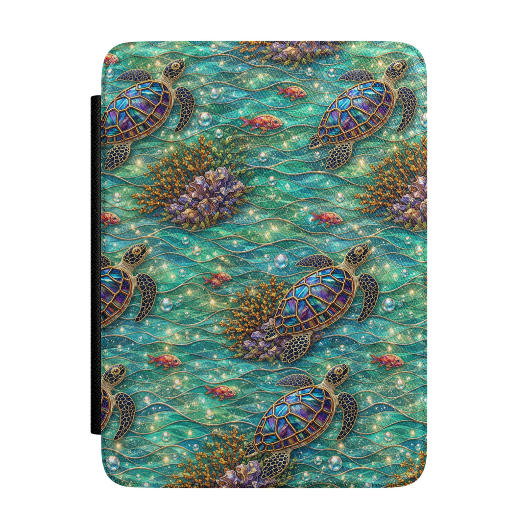 Turquoise sea turtle Kindle case featuring colorful turtles, coral reefs, tropical fish, bubbles, and sparkling ocean waves on a premium faux leather cover.