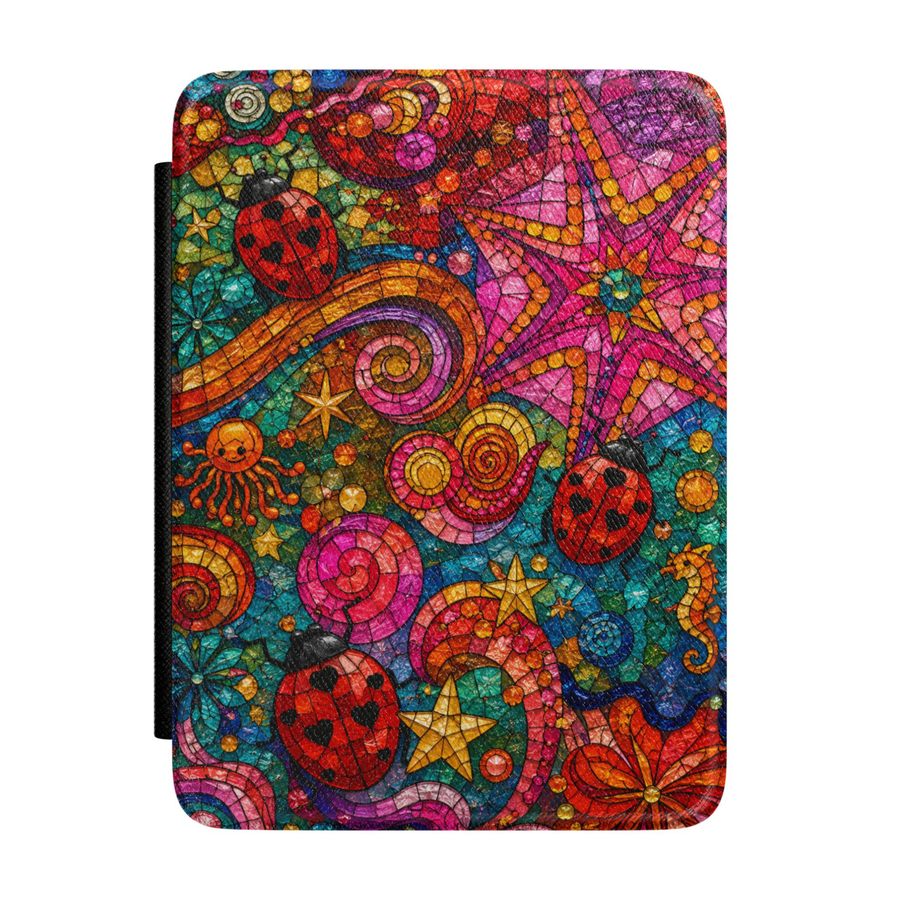 Colorful coastal mosaic Kindle case with red ladybugs, pink starfish, seashells, seahorses, ocean waves and vibrant jewel-tone stained-glass details.