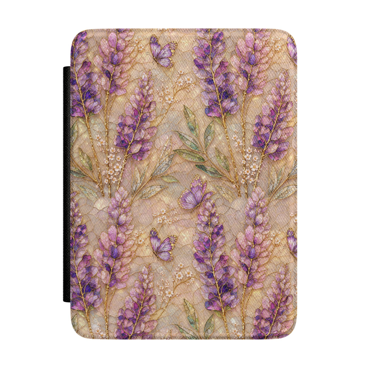 Purple lavender Kindle case featuring watercolor lavender flowers, butterflies, wildflowers, and soft pearl accents on a premium faux leather cover.