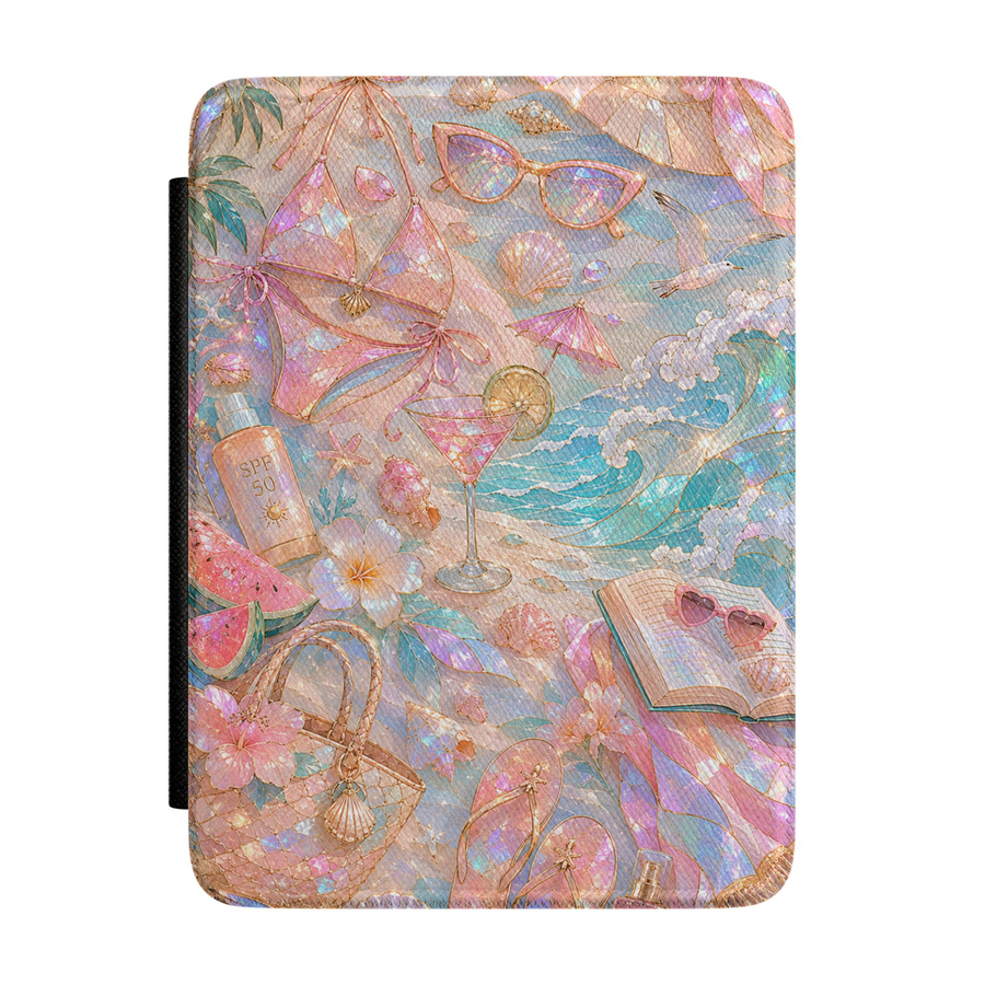 Pastel pink coastal Kindle case featuring ocean waves, seashells, sunglasses, tropical flowers, flip-flops, sunscreen, and beach vacation accessories.