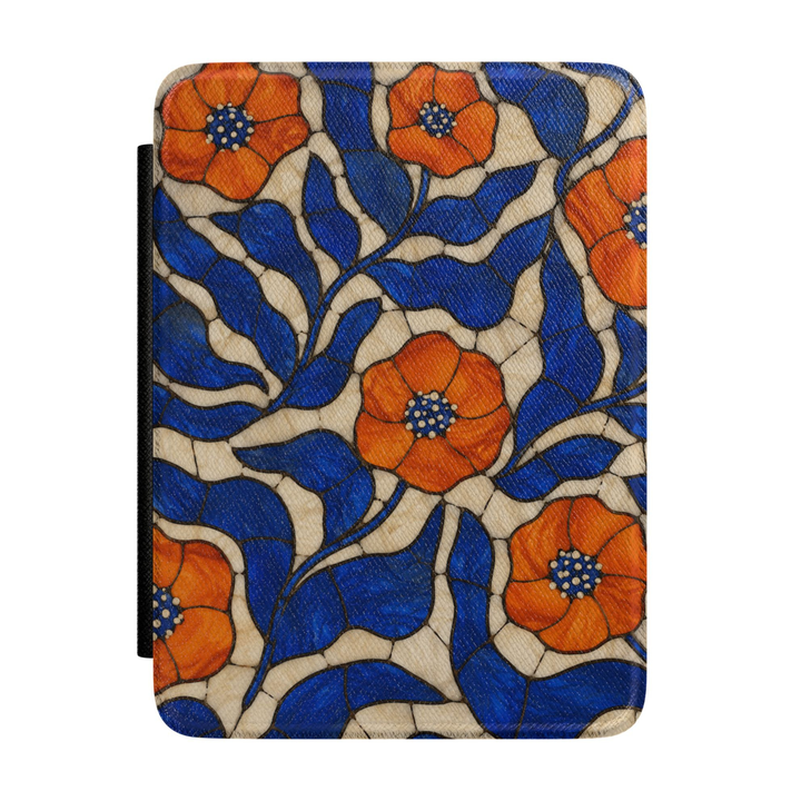 Blue and orange floral Kindle case featuring vibrant orange poppy flowers, cobalt blue leaves, and a cream stained-glass-inspired botanical background.