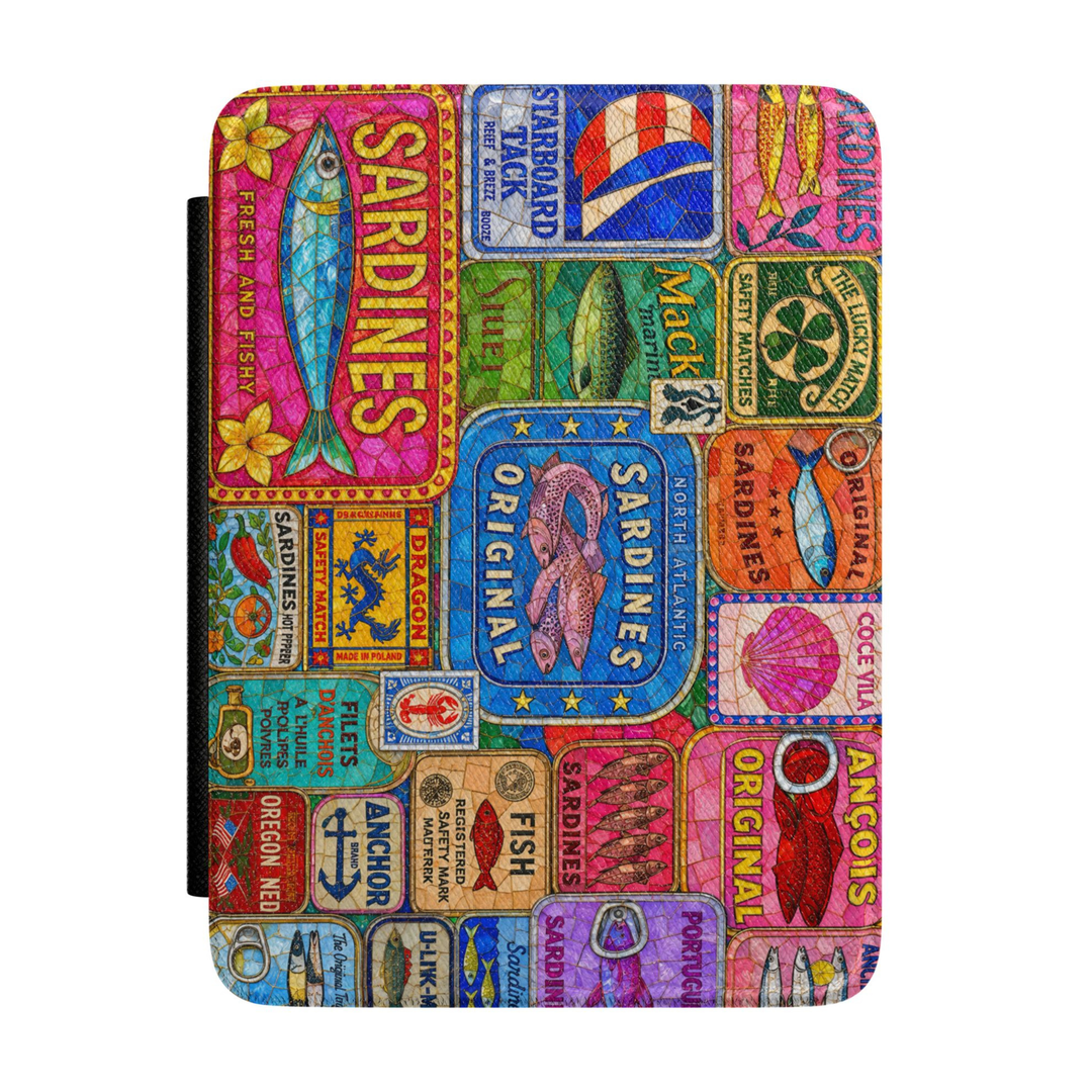 Colorful Kindle case featuring a collage of vintage sardine tins, seafood labels, nautical graphics, fish illustrations, and Mediterranean-inspired artwork.